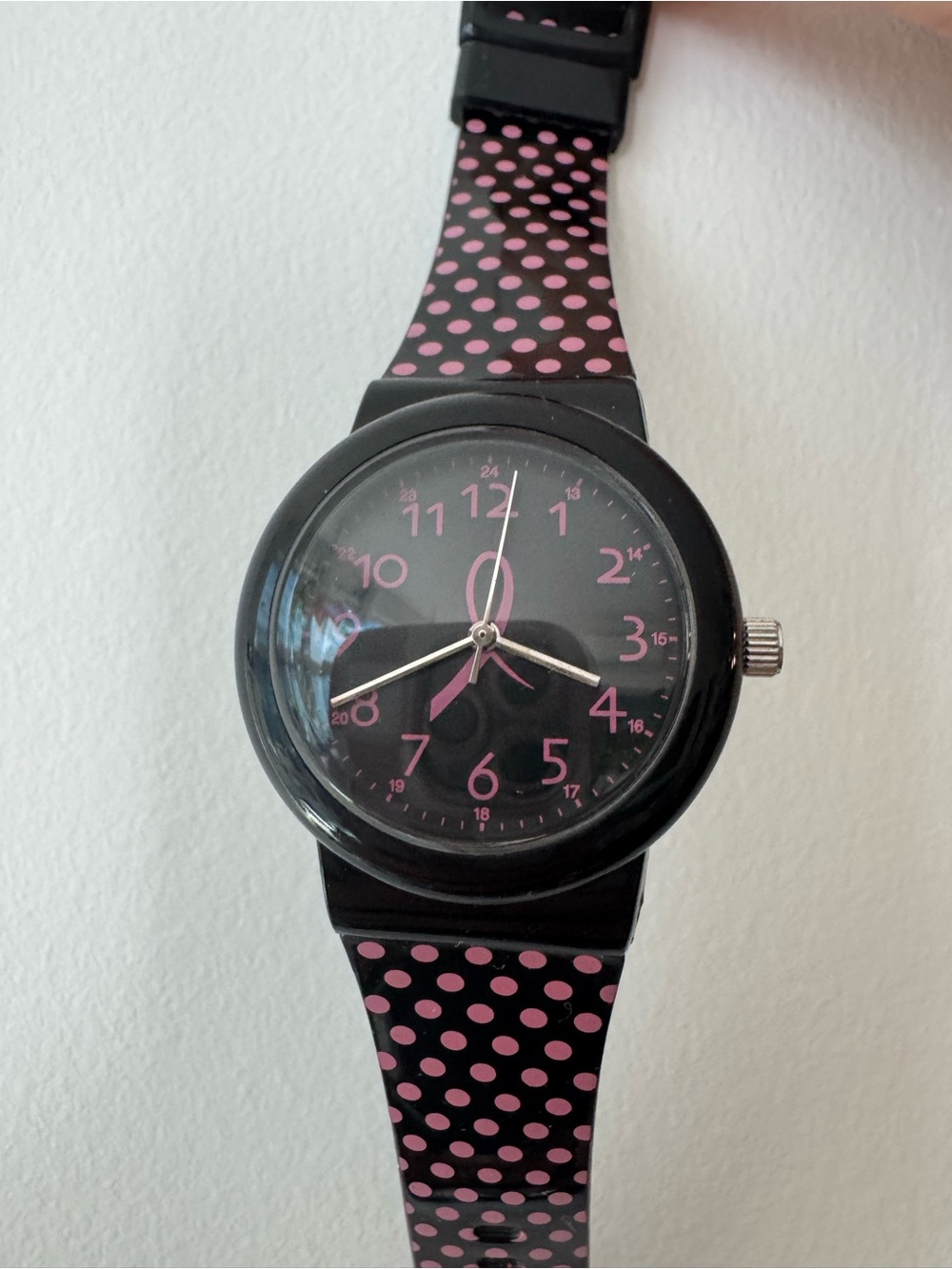 Breast Cancer Awareness Pink Ribbon Polka Dot Black Silicone Strap Watch